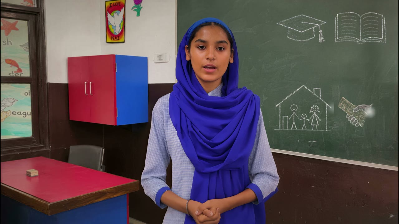 Educate Punjab Project: Jaanvir Kaur speaks direct to camera, four chalk-drawn hopes on the blackboard behind her.