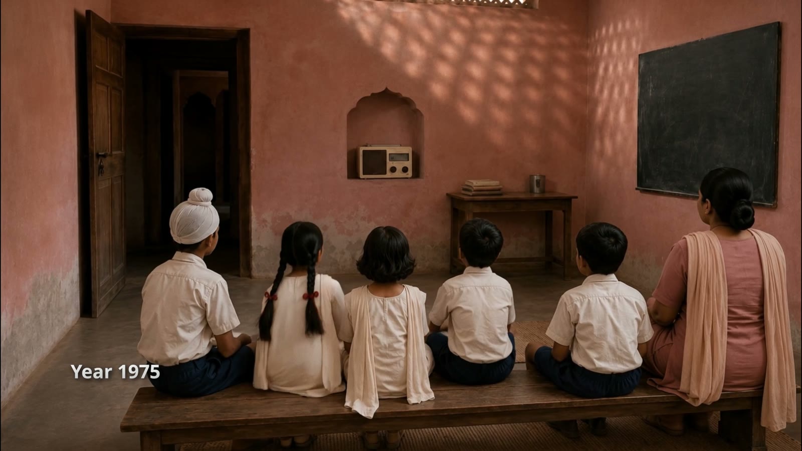 Five children sit on the floor of the 1975 classroom facing their teacher, a slate blackboard on the wall behind her.