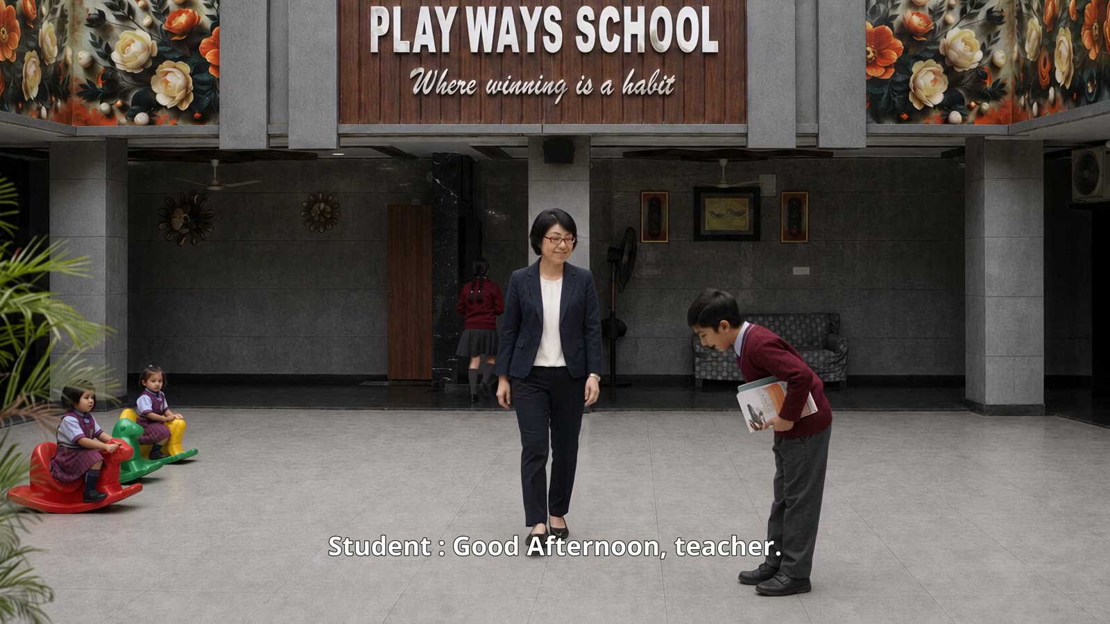 A teacher and a student greet each other in the Play Ways School entrance hall, beneath a sign reading "Where winning is a habit".