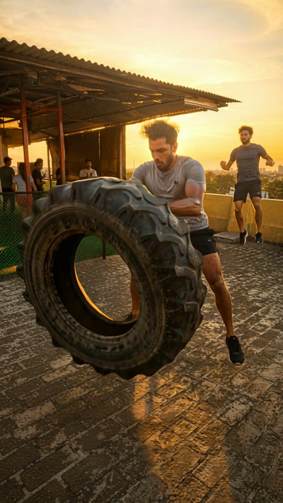 A trainer flips a heavy tractor tyre on the rooftop at sunset, the city skyline behind him.