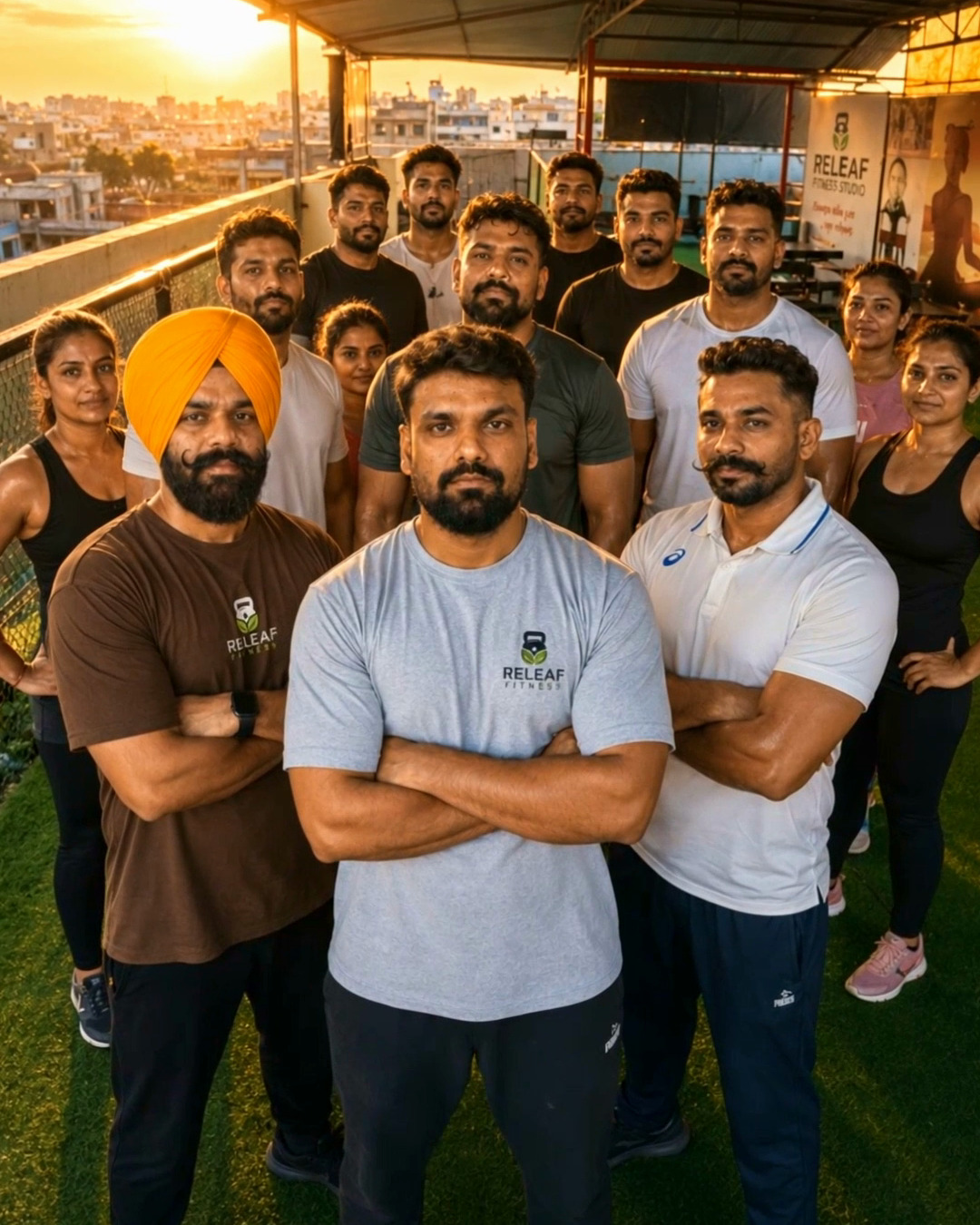 Releaf: the training team on the golden terrace, RELEAF tees front and centre.